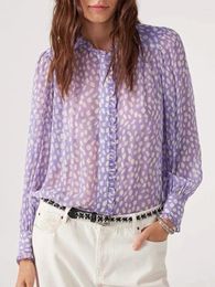 Women's Blouses Women Purple Dot Print Blouse 2024 Autumn Winter Ruffles Edge Ladies Long Sleeve Loose Fit Shirt And Tops