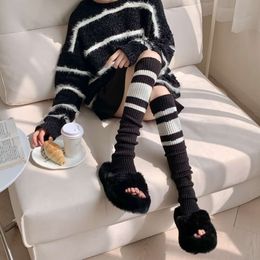 Socks & Hosiery Jk Knee Over Autumn/winter Warmth Thickened Stacked Leggings, Classic Black White Triple Bar Lolita Knitted