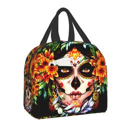 Halloween Catrina Sugar Skull Insulated Lunch Bag for Women Kids School Food Day Of The Dead Cooler Thermal Portable Lunch Box