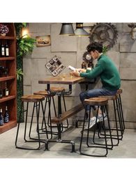 Industrial Style Solid Wood Long Bar Table Commercial Coffee And Milk Tea Shop Bar Wall Window High Foot Table Bar Table Chair