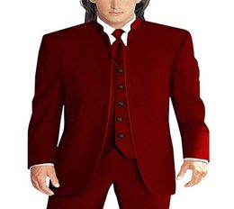 Newest Groomsmen Dark Red Groom Tuxedos Mandarin Lapel Men Suits Wedding Man Bridegroom Jacket Pants Vest Tie L1732769350