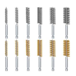 Bore Cleaning Brush with Handle 1/4 Inch Shank for Impact Drills Grinders Steel Wire Hole Brush Set 6 Pieces