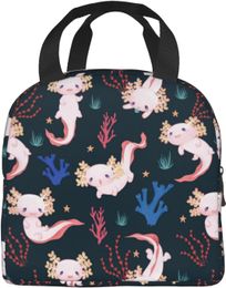 Kawaii Lunch Bag Axolotls Insulated Lunch Box for Women Men Reusable Portable Lunch Bento Tote for School Work Picnic Hiking