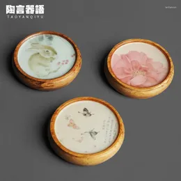 Tea Trays Solid Wood And Bamboo Pink Hand-painted Pattern Small Bracket Teapot Lid Shelf