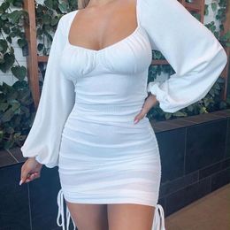 Casual Dresses Square Neck Lantern Sleeve Mini Dress Drawstring Ruched Long Bodycon Elegant Night Club Party White Red