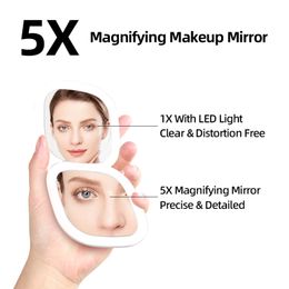 LESEN Mini Compact Led Makeup Mirror With Light 5X Magnifying White Cosmetic Travel Portable Foldable Pocket Mirrors