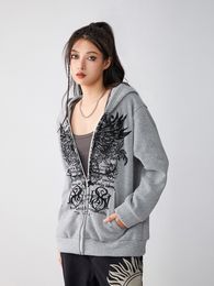 Women s Full Zip Hoodies Vintage Wings Print Long Sleeve Oversized Sweatshirts Grunge Jackets