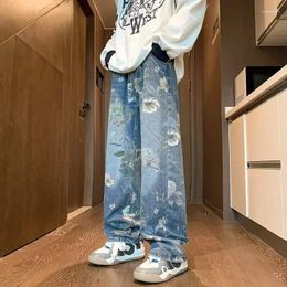 Men's Jeans Man Cowboy Pants With Print Trousers Large Size Straight Aesthetic Flowers In Original Regular Casual Kpop