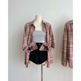 Women's T-shirt Ch23 Autumn Winter Pink Plaid Leather Long Sleeve Shirt for Versatile Loose Embroidery Coat Women