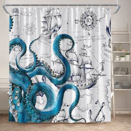 Funny Octopus Shower Curtains Marine Animal Mermaid Sailboat Vintage Nautical Map Bath Curtain Fabric Bathroom Decor with Hooks