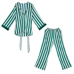 Home Clothing Women Pajamas Sets 3 Pieces Fashion Sexy Ice Silk Stripe Pajama Set Long Waist Belt Female