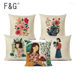 Pillow Beautiful Girl Cover Watercolour Plant Print Linen Decorative Pillowcase Throw For Sofa Home Decor