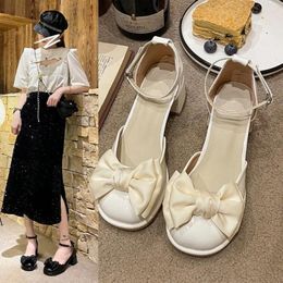 Dress Shoes Brief Pumps Bow Round Toe 2024 Platform Heels Chunky Sandals Mary Jane Footwear Latest Sweet 3cm Block Spring Stra