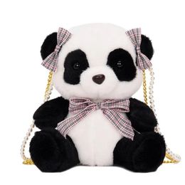 New Chinese style handbag, female panda pearl chain, one shoulder cartoon panda doll, one shoulder crossbody zero wallet