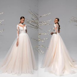 2024 Fashion Wedding Dresses High Collar Long Sleeves Button Back Bridal Gowns Custom Made Lace Appliques Sweep Train A-Line Wedding Dress