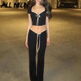 Pants ALLNeon Fairy Streetwear Coord Sets Ladies Square Collar LaceUp Crop Tops Basic Low Waist Flare Pants Chic Two Piece Suit Slim