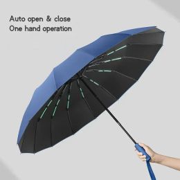 16K 16 Ribs 32 Bones Strong Windproof Automatic Sun Rain Folding Umbrella Vinyl Cover UV Protector Black Sunscreen for Women Men