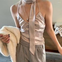 Women's Tanks Korean Solid Colour Casual Pleated Satin Camisole Women 2024 Summer V-neck Sexy Slim Lace-up Halter Crop Tops With Scarf