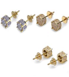 New Fashionv18K Real Gold Hip Hop CZ Zirconia Round Stud Earrings 07cm for Men Full Diamond Earring Studs Rapper Jewelry Gifts fo3378882