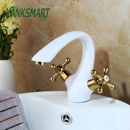 Bathroom Sink Faucets YANKSMART Golden Polished 2 Handles Basin Faucet White Painting Tap Cold& Water Mixer Taps