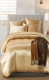 100 Good Quality Satin Silk Bedding Sets Flat Solid Colour UK Size 3 pcs Gold Duvet Cover Flat Sheet Pillowcases1677437
