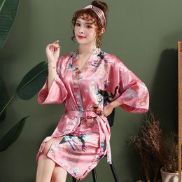 Chinese Red Women Bathrobe Sexy Loose Wedding Robe Casual Lounge Sleepwear Kimono Gown Print Peacock V-neck Mini Home Clothing