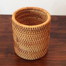 Storage Bottles Tea Ceremony Bucket Rattan Woven Tool Container Multipurpose Desktop Brush Stationery Stand Cup For Home Cylindrical Style