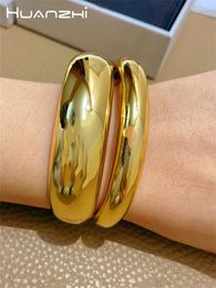 Bangle HUANZHI Thick Metal Glossy Double Layer Wide Open Bracelet For Women Girls Exaggerated Punk Style Fashion Jewellery Gifts