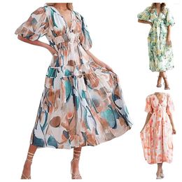 Casual Dresses Women Boho Dress Retro Print Lantern Short Sleeve V Neck Bohemian Beach Holiday Tie Waist Layer Big Swing Midi