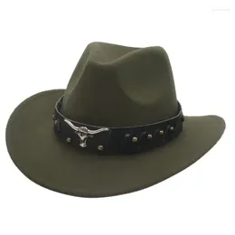 Berets Western Cowboy Hat Tibetan Style Top Ladies Roll Brim Cowgirl Cap Jazz Fedora Hats Felt Ethnic For Women Men Rivets Bull