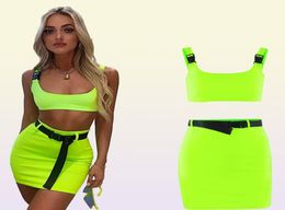 Two Piece Dress Neon Women 2 Sets Square Collar Low Cut Buckle Backless Crop Tops Waist Belt Chic Skirt Autumn Street Pcs Outfits3901161