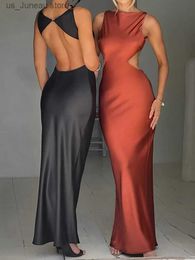 Basic Casual Dresses Women High Elastic Satin O Neck Slveless Club Party Sexy Long Dress Elegant Satin Backless Bodycon Sexy Maxi Dress T240412