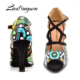 Dance Shoes Ladingwu Brand Latin Women Blue/Orange African Texture Ballroom For Lady Salsa Black Suede