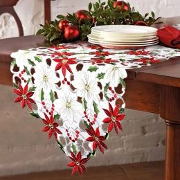 Satin Red Embroidered Christmas Table Runner Christmas Festival Party Holiday Polyester Dresser Scarf for Kitchen Home Decor
