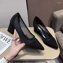 Fitness Shoes Pointed Stitching Mesh Chunky Heel 2024 Summer Suede Breathable Comfortable Sexy High Professional Work Women's