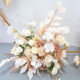 Champagne White Rose Gold Leaves Artificial Flower Row Wedding Backdrop Arch Decor Hang Floral Road Lead Flower Ball Party Props