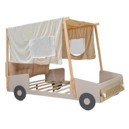 Full Size Car Bed,Wood Full Car Bed with Pillow,Sturdy Frame,Ceiling Cloth & LED,Unique Kids bed,No Box Spring Required,Natural