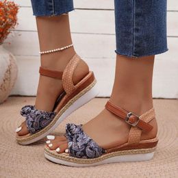 Dress Shoes 2024 Summer Fish Mouth Large Bow Button Slope Heel Thick Bottom Buckle Roman Style Casual Women's Sandals