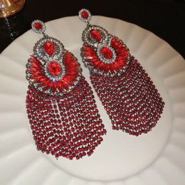 FYUAN Vintage Silver Color Flower Crystal Drop Earrings for Women Oversize Long Tassel Red Rhinestone Earrings Weddings Jewelry