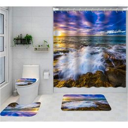 Shower Curtains Tropical Sea Beach Ocean Waves Curtain Set Seaside Reef Scene Island Sunrise Waterproof Fabric Bathroom Bath Mat