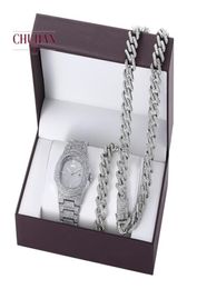 Watch CHUHAN 3pcsset Hip Hop Cuba Chains Iced Out Necklace Set Fashion Luxury Diamond Inlaid Steel Band Quartz Watch Bracelet J6032377