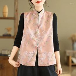 Ethnic Clothing 2024 Chinese Vest Sleeveless Jacket National Flower Print Satin Jacquard Stand Collar Oriental Tang Suit Waistcoat