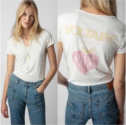 Summer Zadig Voltaire tshirt for women's Designer T-shirt V-neck zv Classic Hot drill rock Letter Print Casual Versatile Short Sleeved Loose Pullover Tees clothing