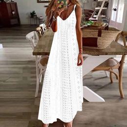 Casual Dresses Women Bohemian Spaghrtti Strap Long Dress Summer Ladies V-Neck Sleeveless Maxi Female Loose Hollow Out Holiday