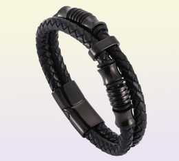 Double Woven Leather Bracelet For Men Punk Jewellery Black Stainless Steel Magnetic Clasp Wristband Fashion Bangles Gifts Bangle9650022