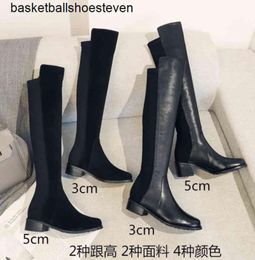 5050 spring winter new leather round head middle heel black stitching show thin women039s knee high Knight boots2096952