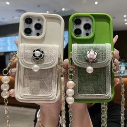 3D Camilla Pearl Strap Holder Crossbody Phone Case For iphone 15 14 X XR XS 11 13 Pro Max 12 Pro 7 8 Plus Card Bag Wallet Cover