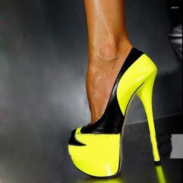 Dress Shoes Sexy Women Platform Lemon Yellow Leather Patchwork Pumps Super High Heels Ladies Night Club Bright Single