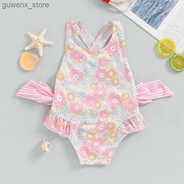 One-Pieces 1-6T Preschool ChildrenS Swimsuit Floral Print Sleeveless U-Neck Swimsuit Cute Pleated Small Floral Cross Backless Swimsuit Y240412