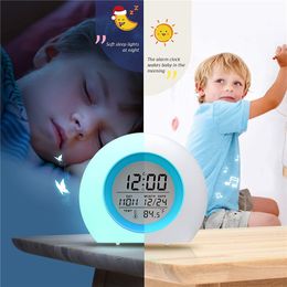 Kids Digital Alarm Clock 7 Colour Night Light Snooze Temperature Detect Children Sleep Bedside Cute Wake Up Timer Alarm Clock